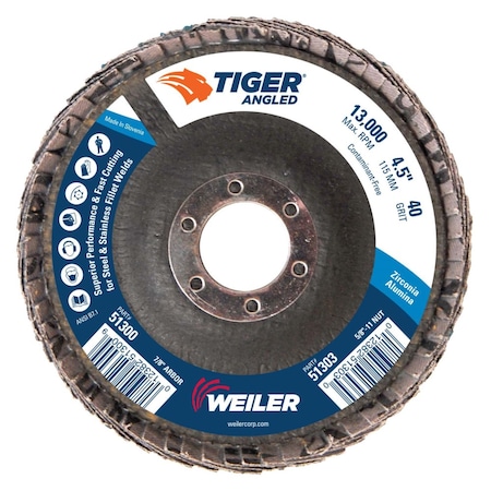 Weiler 4-1/2 Tiger Angled (Radial) Zirc Flap Disc 40Z 7/8 Arbor Hole 51300